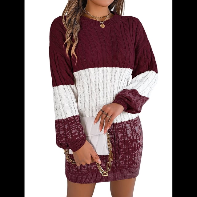 Vestido Elegante de Punto con Mangas Farol y Patchwork para Mujer, Otoño-Invierno Rojo Vino S