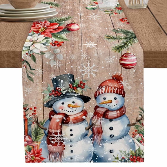 nqOlkjepod Brown Wood Snowman Christmas Table Runner 120 Inches Long Farmhouse Dress Scarves, Xmas Poinsettia Winter Gifts Dining Tablerunner for Coffee Table/Kitchen Island/Party Décor, 13" x 120"