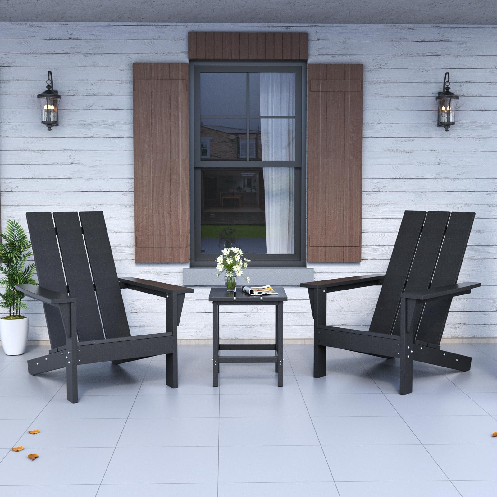 Kullavik Adirondack Chair 3 Piece Set With Table, Heavy All-Weather HDPE.Outdoor Lounge Chair for Patio Deck Garden, Backyard Deck& Lawn Furniture - Looks Exactly Like Real Wood-Black
