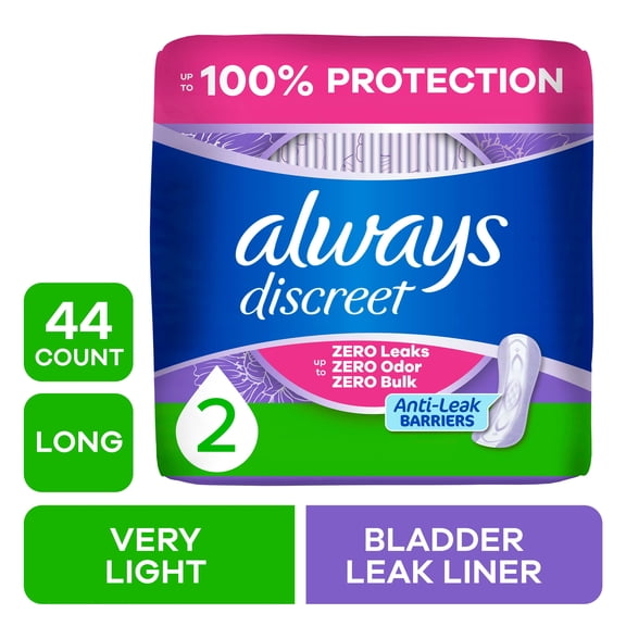 Always Discreet Incontinence Panty Liners for Bladder Leaks, Size 2, Very Light Absorbency, Long Length, 44 Count