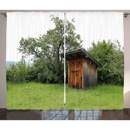 Outhouse Curtains 2 Panels Set, Wooden Little Hut Barn