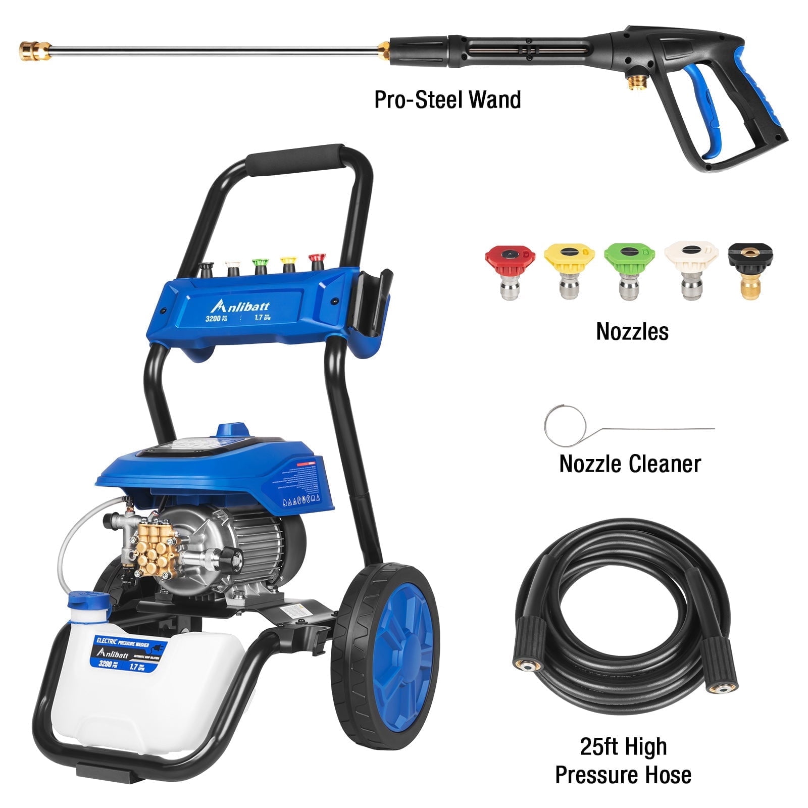 ANLIBATT 3200 PSI Electric Power Cold Water Pressure Washer with Brushless Motor Max 1.7 GPM 5 Quick Nozzles Buil-in Soap Tank 35ft Cord 25ft Hose