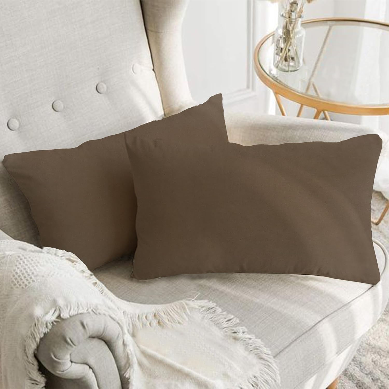 A1HC Set of 2 Luxurious Soft Velvet Throw Pillow Covers Only, 12"x20", Cocoa, Decorative Cushion Covers with Hidden YKK Zipper for Sofa or Bed