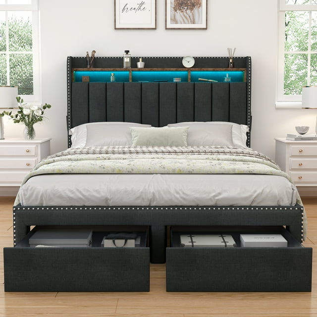 SIBEDS LED Bed Frame with Drawer Pockets and Linen Upholstered Dark Gray Wingback Headboard, Full