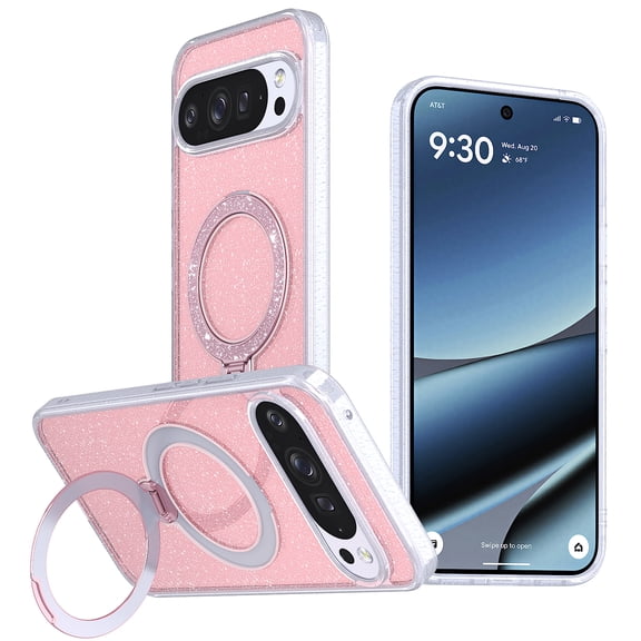 for Google Pixel 10 Pro XL / 9 Pro XL Magnetic Glitter Case with 360° Spining Ring Kickstand, Ultra Slim TPU PC Shockproof Anti-Scratch Lightweight Drop Protection Phone Case, Pink