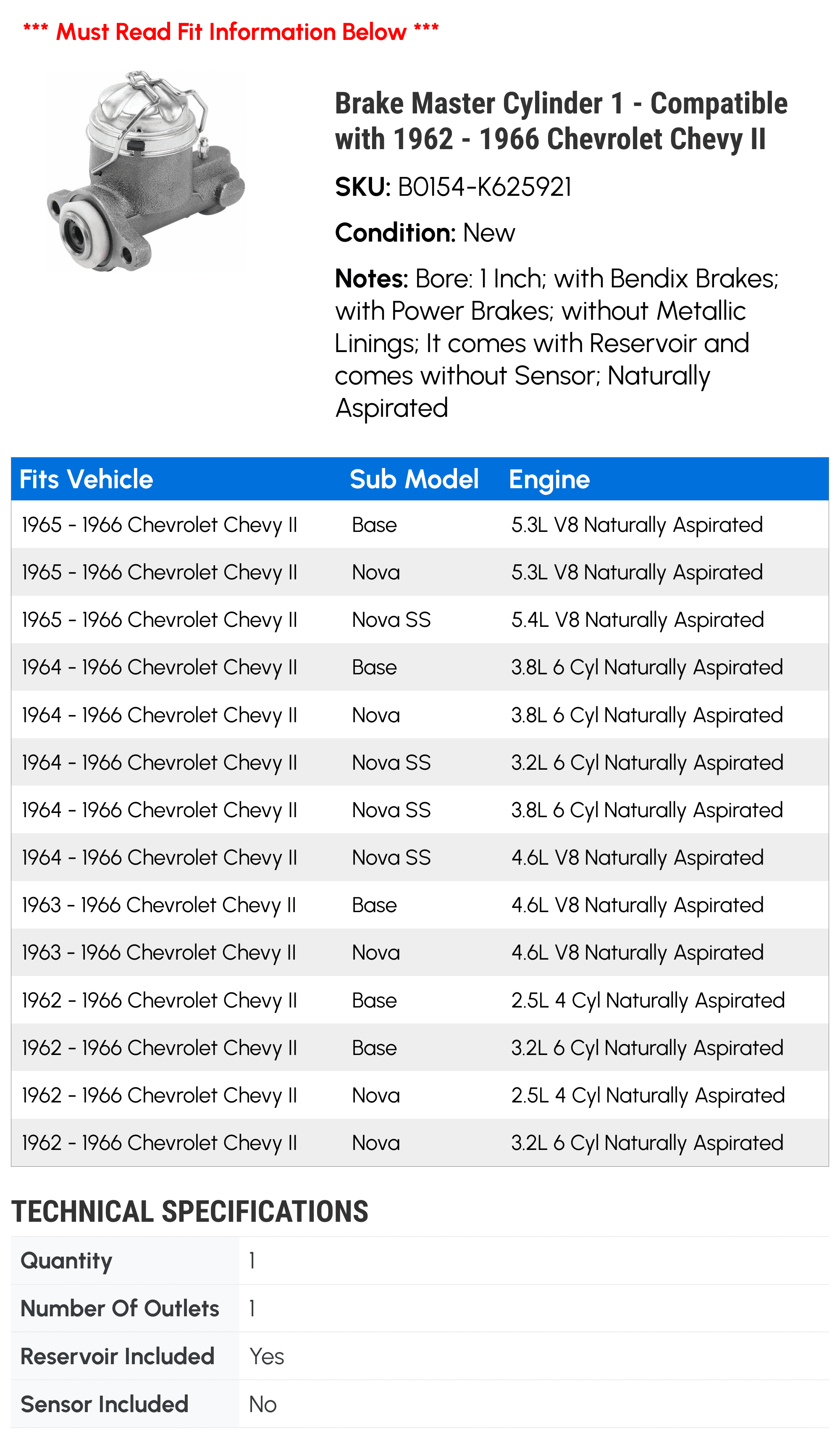 Brake Master Cylinder 1 - Compatible with 1962 - 1966 Chevrolet Chevy II - Autopart Premium
