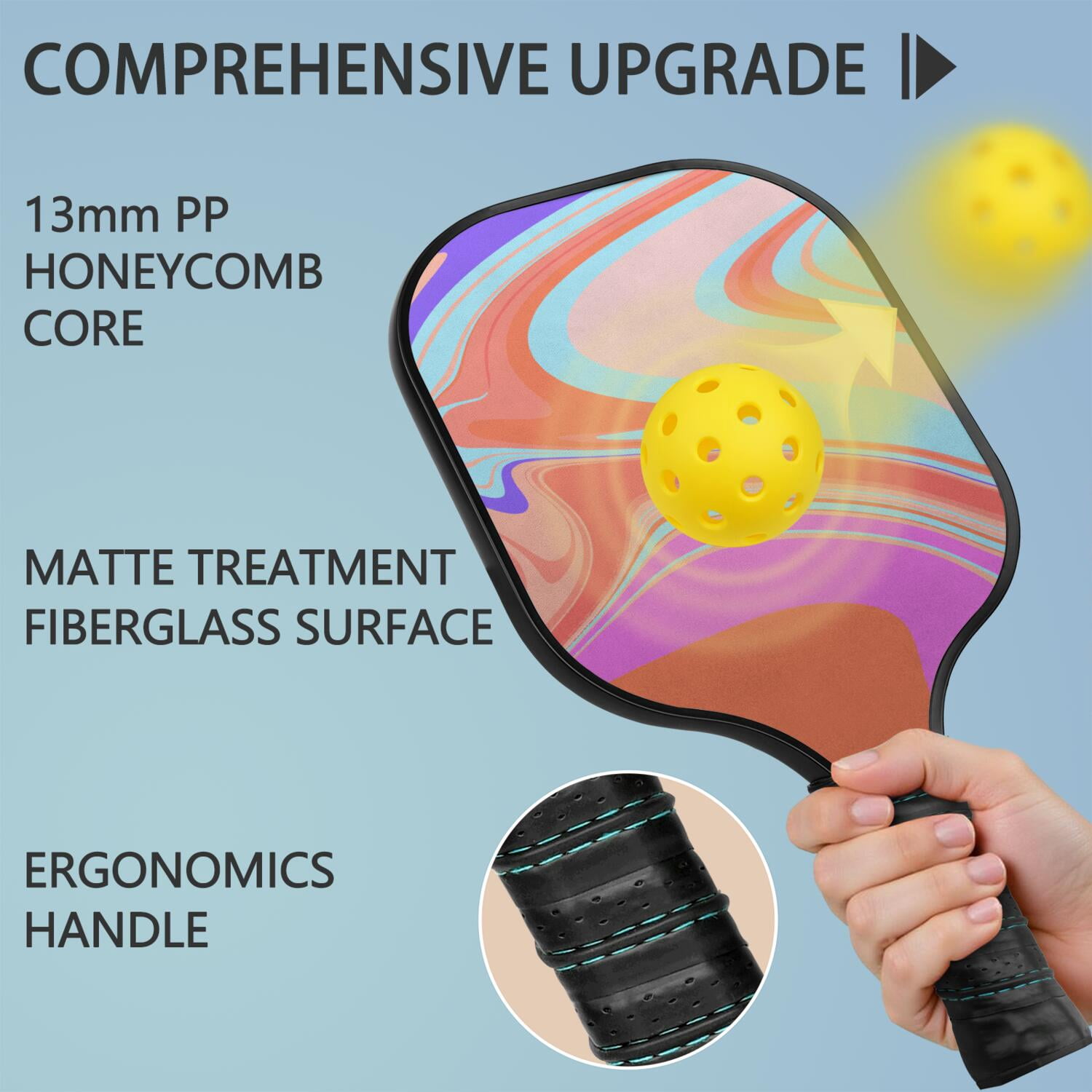 Pickleball Paddles Set Of 2, Fiberglass Surface, Liquid & Marble Print, 4 Balls & Bag