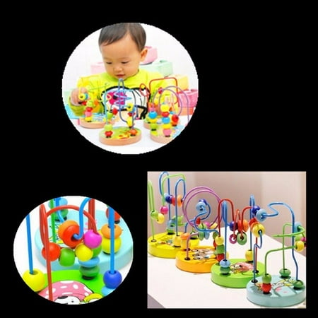 Steel Ball Roller Coaster Bead Maze Activity Wooden Toy for Babies, Toddlers - Small Wood Roller Coaster Sliding Beaded Balls On Sturdy Wire Frames w/ Suction Cups - Classic First Developmental Toy ()