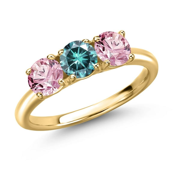 Gem Stone King 18K Yellow Gold Plated Silver Blue Moissanite and Pink Lab Grown Diamond Engagement Ring for Women | 1.50 Cttw | Round 5MM | Gemstone Birthstone | Size 6