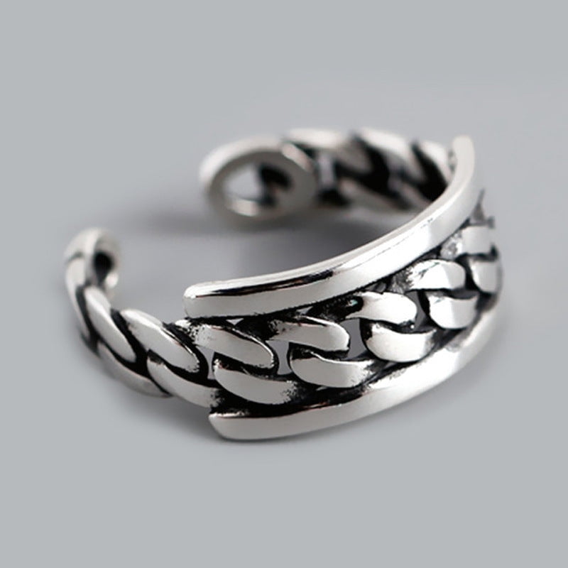 Personalized Punk Style Multi-layer Chain Ring: Vintage Copper Rings for Women, Electroplated Silver, Retro Design, Width 9MM, Inner Diameter 17MM