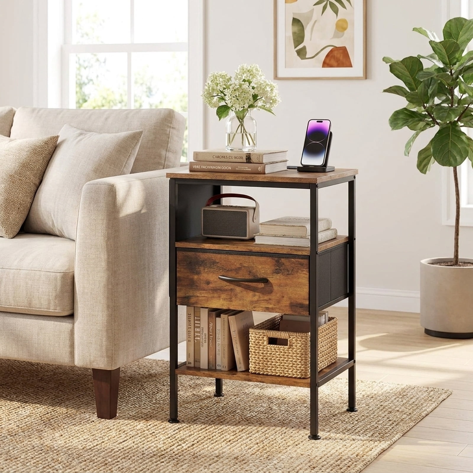 Furnibear Nightstand with Charging Station 24.5 inch Modern Bedside Table with Fabric Drawer for Bedroom Living Room Bedside Sofa Side, Rustic Brown