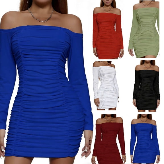 RongHuan Bodycon Dress for Women Off Shoulder Mini Dress Elegant Long Sleeve Dresses Pleated Guest Gown