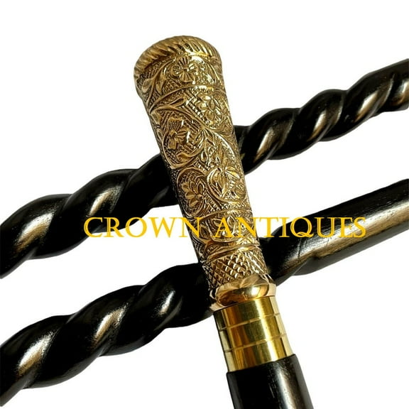 NAUTICALMARTUS BY Carved Brass Handle Walking Stick, Designer Wooden Victorian Cane, Leather Carved Designer Derby Birthday Gift for father, Annniversary Gift