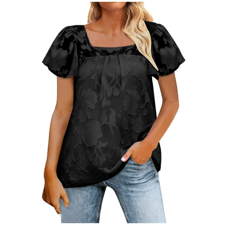 Yyeselk Ruffle Short Sleeve Women Summer Tees Trendy Square Neck Lace  Patchwork Tunic Tops Pure Color Floral Print Ruched Shirt Blouse Black XL