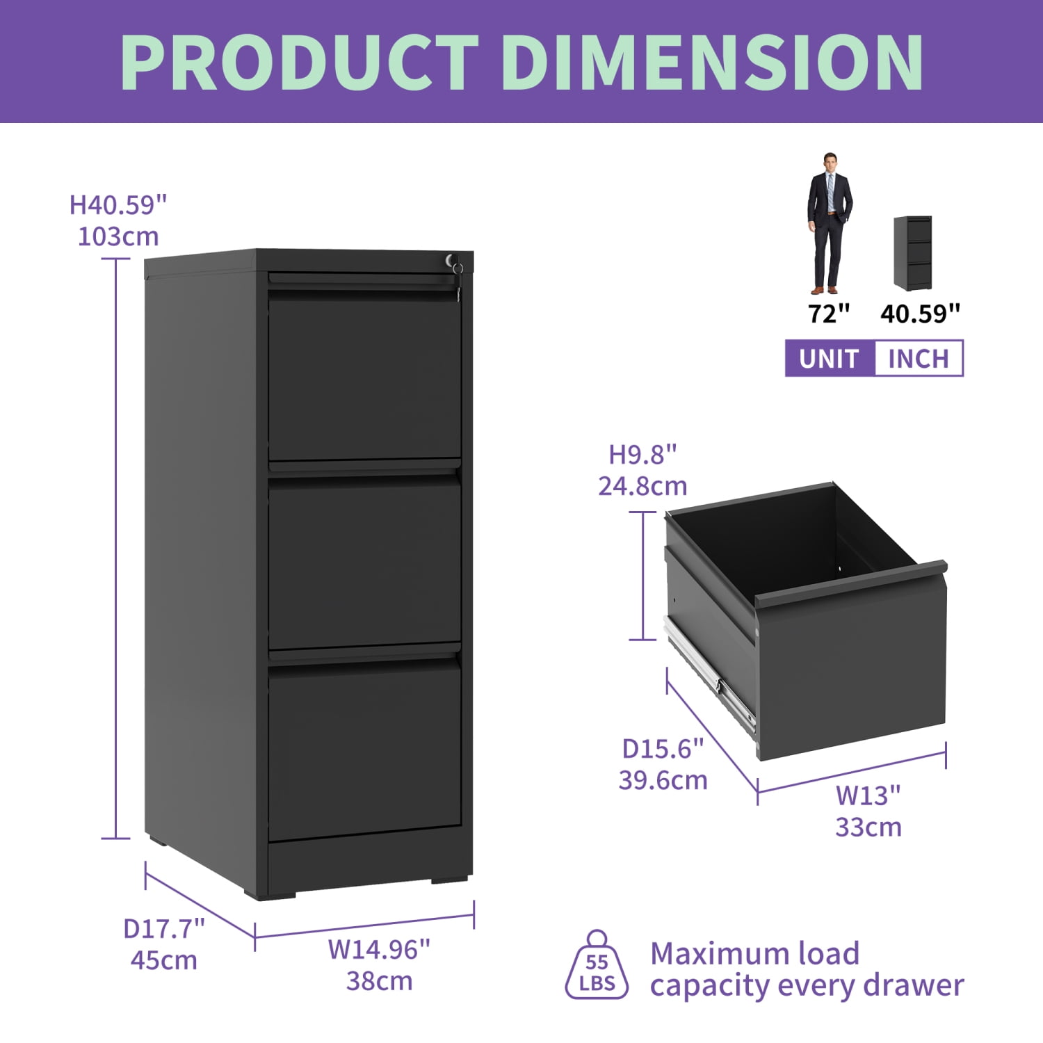 3 Drawer Metal Vertical File Cabinet with Lock Home Office Steel Filing Cabinet for A4/Legal/Letter Size Documents