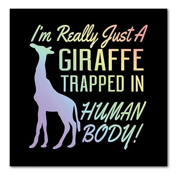 DistinctInk Custom Bumper Sticker - 6" x 6" Decorative Decal - Black Background - Just a Giraffe Trapped in a Human Body