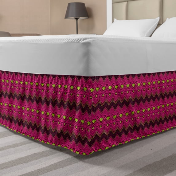 Abstract Art Bed Skirt, Geometric Ikat Folklore Pattern Tribal Lines in Aztec Style Ethnic Design, Elastic Bedskirt Dust Ruffle Wrap Around for Bedding Decor, 4 Sizes, Multicolor, by Ambesonne