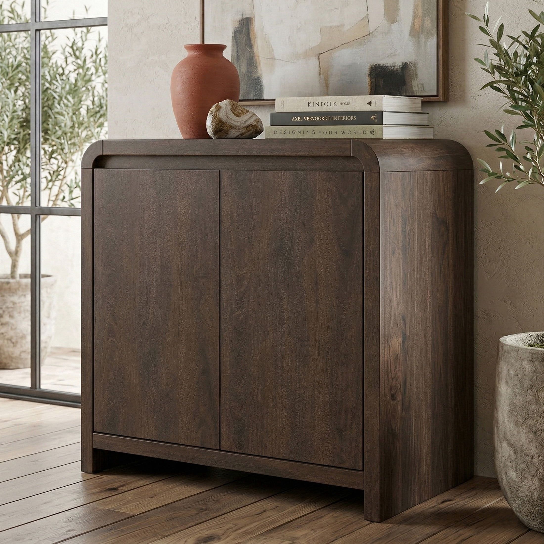 Evelyn&Zoe Modern/Contemporary 32" Wide Brown Oak Accent Cabinet