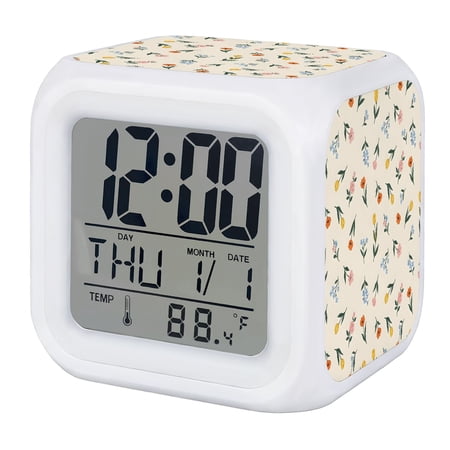 Wildflower Spring Digital Alarm Clock for Bedrooms, Smart LED Alarm Clock with 7 Color Changing Night Light, Cottagecore Floral Rustic Summer Silent Wake Up Clocks for Sleep Study Cooking 3.2x3.2