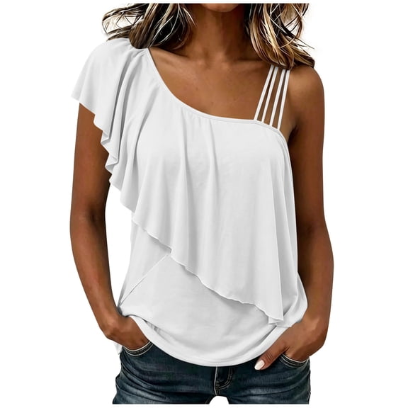 Posijego Ruffle Tank Tops for Women One Shoulder Elegant Blouses Casual Summer Shirts Sleeveless Stretch Slim Tank Tops