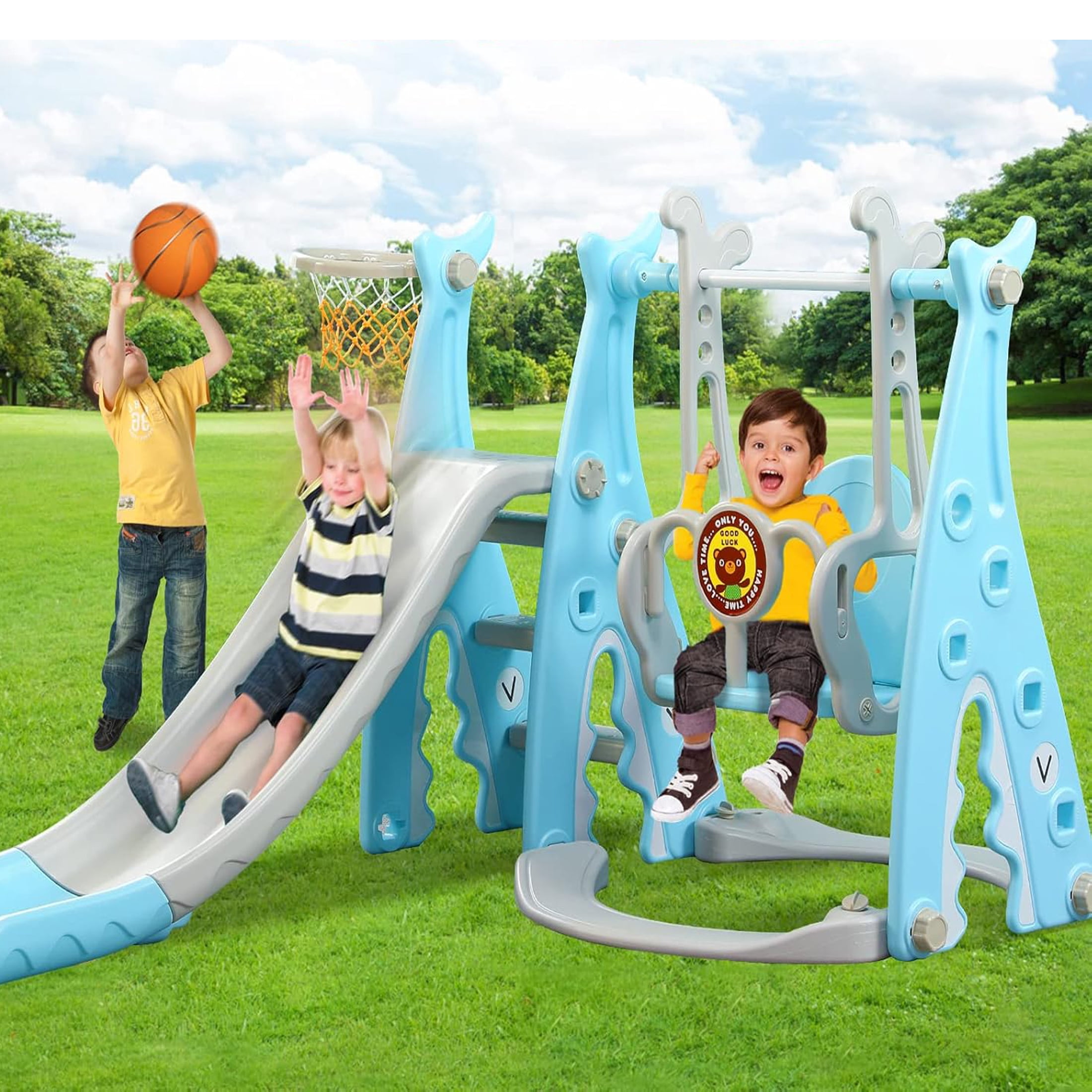 Ealing Slide and Swing Set for Toddlers Age 1-3,4 in 1 Indoor Outdoor Baby Swing Toys Playset with Basketball Hoop,with Safety Belt ,Extra Long Slide 53.1  in,Blue