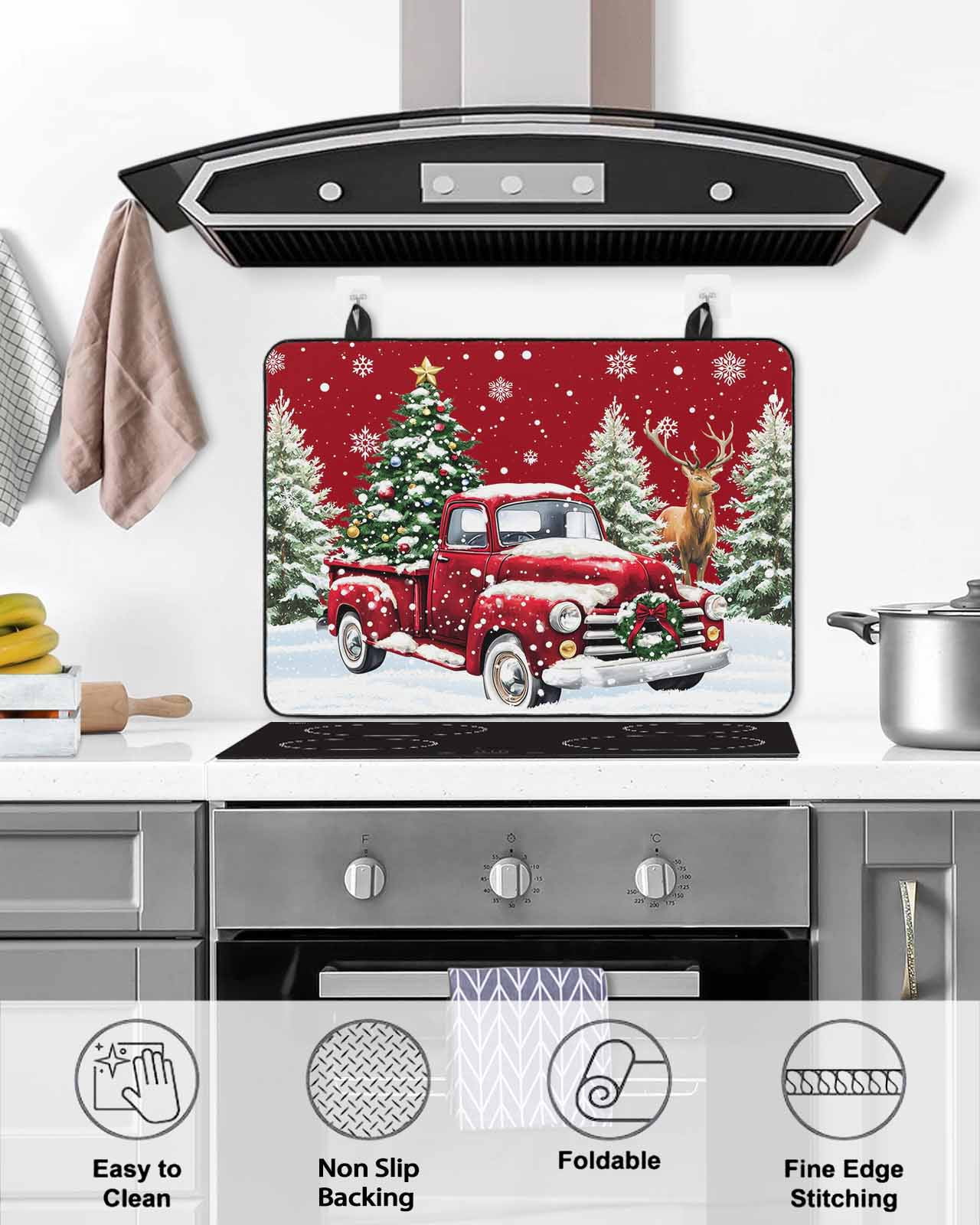 Large Induction Cooktop Protector Mat Christmas Stove Top Covers for Electric Stove, Red Truck Xmas Tree Winter Snowflakes Elk Decorative Stove Burner Cover Mats, Glass Top Stove Cover