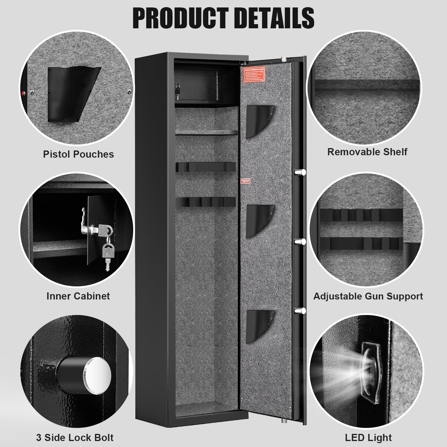 Kavey 5-6 Long Gun Safe, Digital Gun Safe with Inner Cabinet, Gun Storage for Shotgun with Dual Alarm & Mute Mode, Shotgun Safe with Backlit Keypad