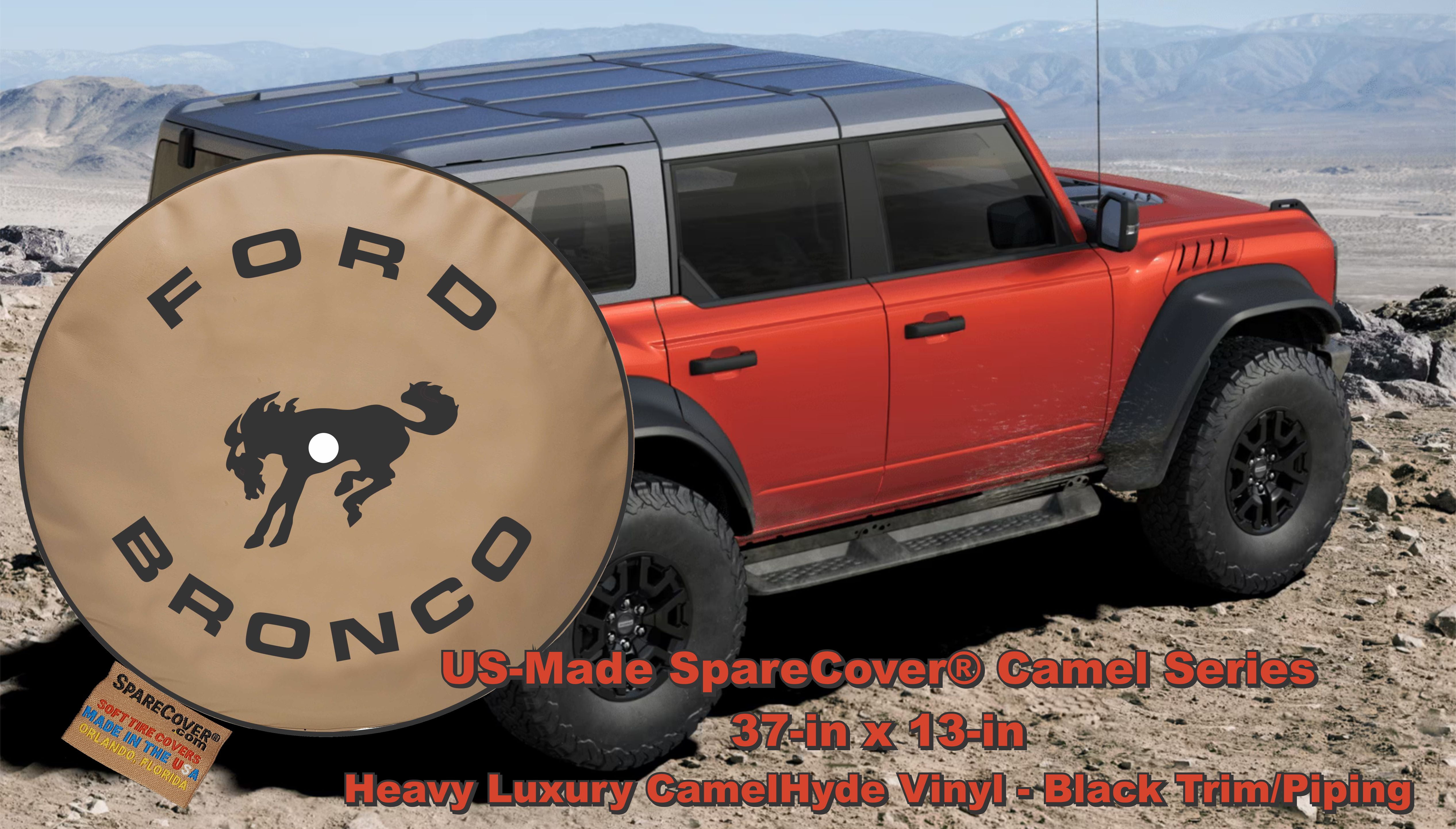 Camel Eddie - US Made SpareCover® Brand - Camel popular Series - Ford Bronco Eddie Bauer on Camel Hyde - Heavy Duty Vinyl Tire Cover