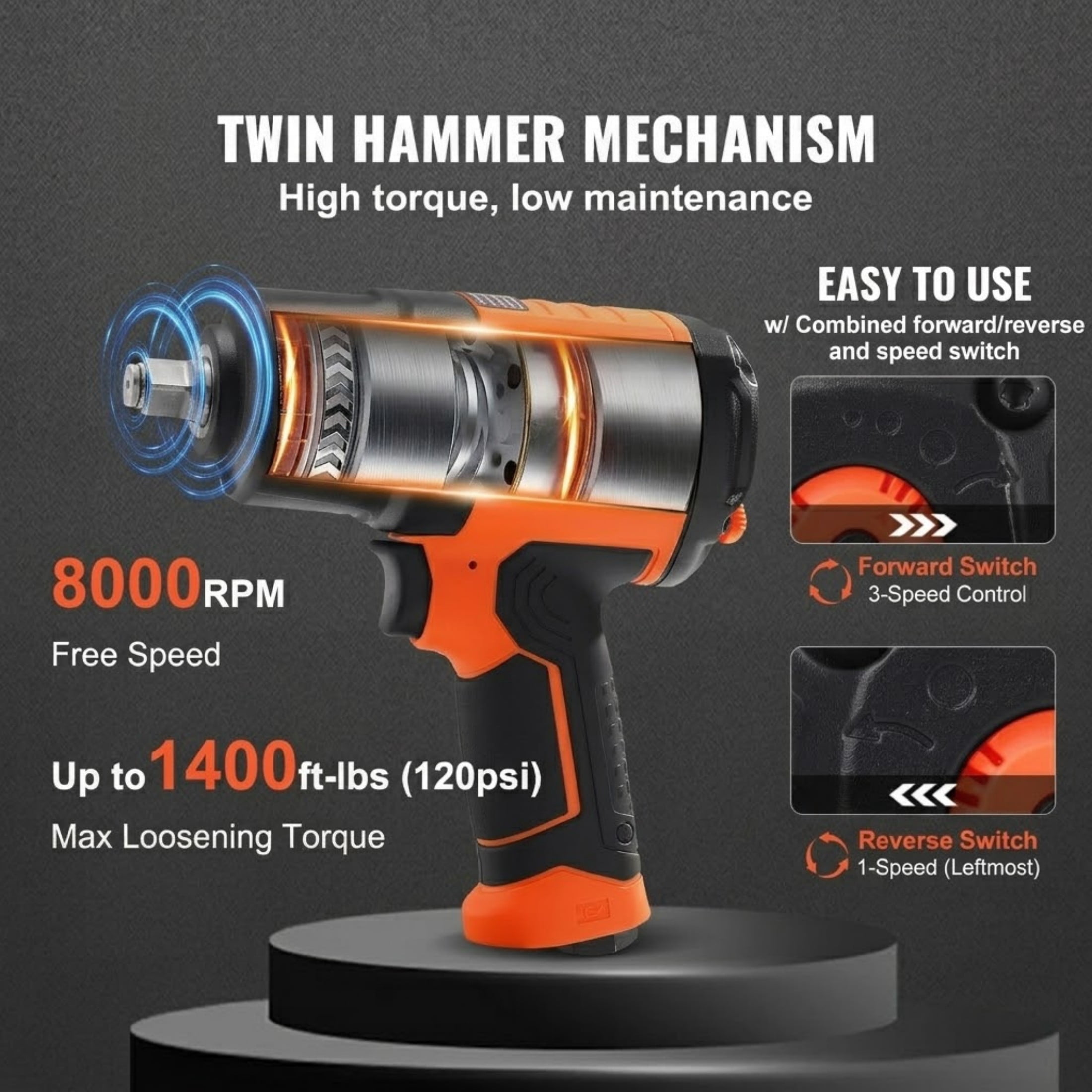 1/2-Inch High Torque Air Impact Wrench, 1400 ft-lbs Pneumatic Gun, Lightweight 4.6 lbs Design, with 11-PC CR-V Impact Socket Set & Carrying Case
