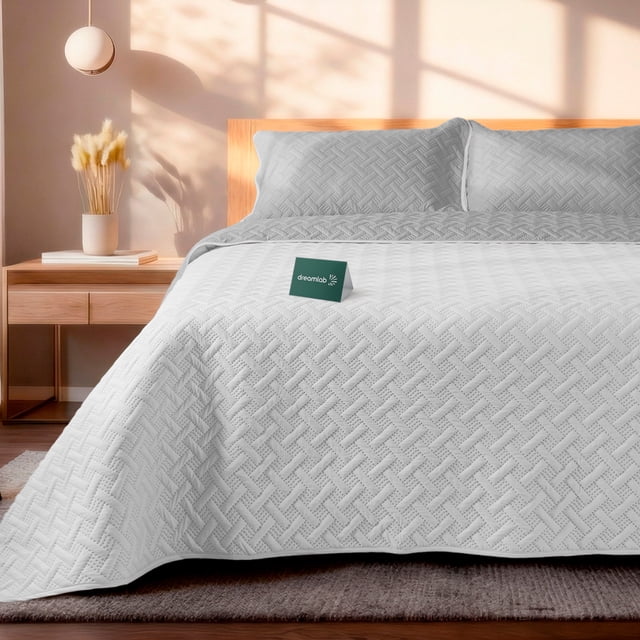 Colcha Ligera Pinsonic Doble Vista Dreamlab con 1 Fundas de Almohada, Edrecolcha Capitonada Reversible Ultrasuave, Edredón de verano, Individual Tape, Gris y Blanco