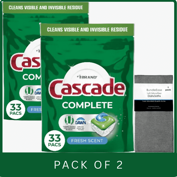 Cascade Complete Fresh Dishwasher Detergent Pods 33 Count with Microfiber Solid Color Dishcloth by BundleEase