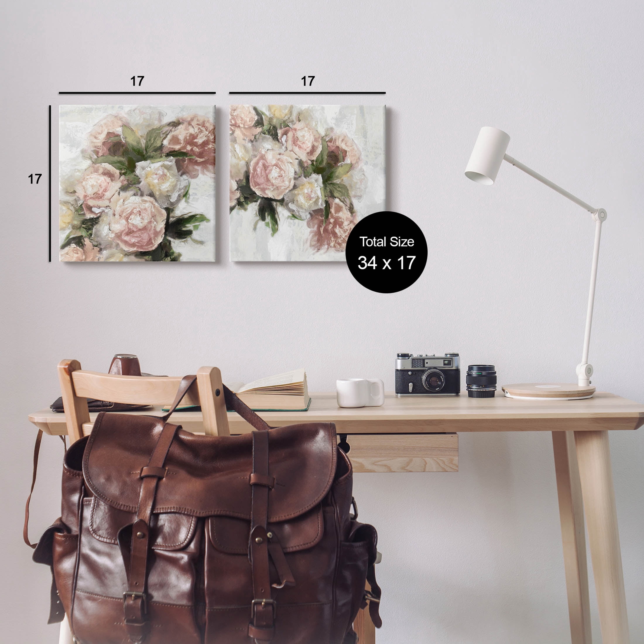 Traditional Peony Blossoms Arrangement Botanical & Floral Graphic Art Gallery Wrapped Canvas Print Wall Art, Set of 2