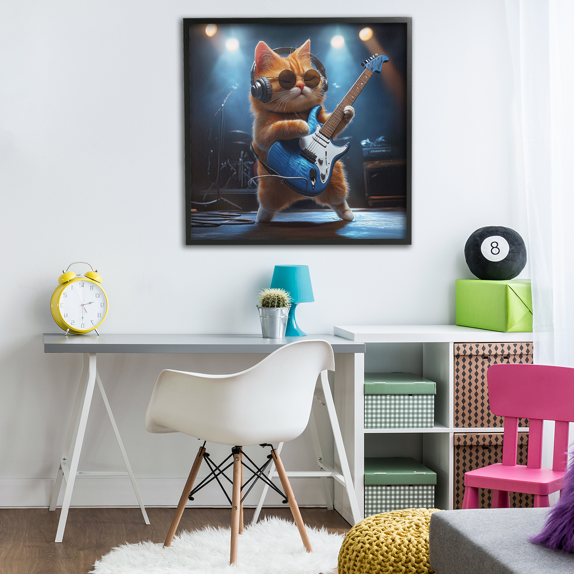 Cat Guitarist in Band Black Framed Giclee Art, design by Jim Baldwin