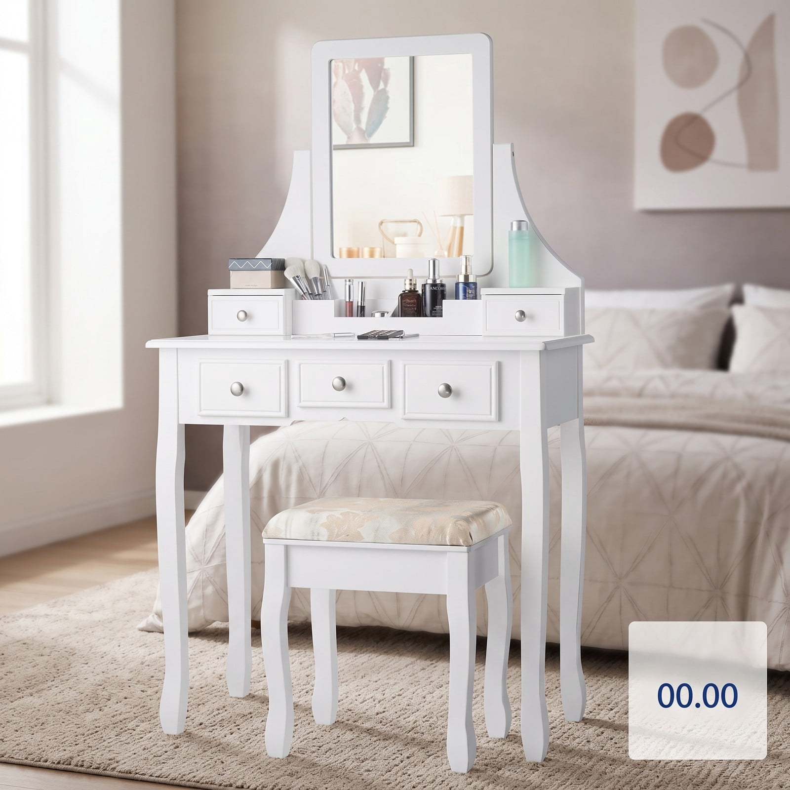 Furnibear Makeup Vanity Set with Rotatable Mirror 5 Drawers Cushioned Stool Removable Top Dressing Table for Bedroom, White
