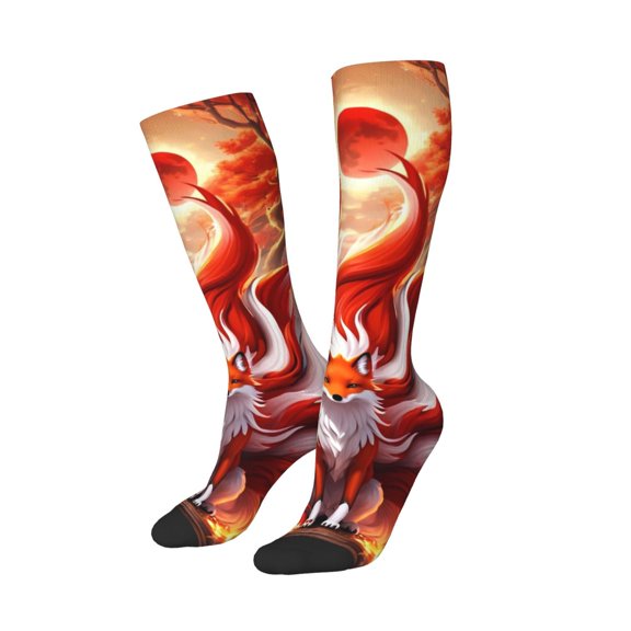 Picia Women Crew Soft Moisture-wicking Socks Red Sun Flame Fox Pattern Design Cotton Socks, One Size fit All