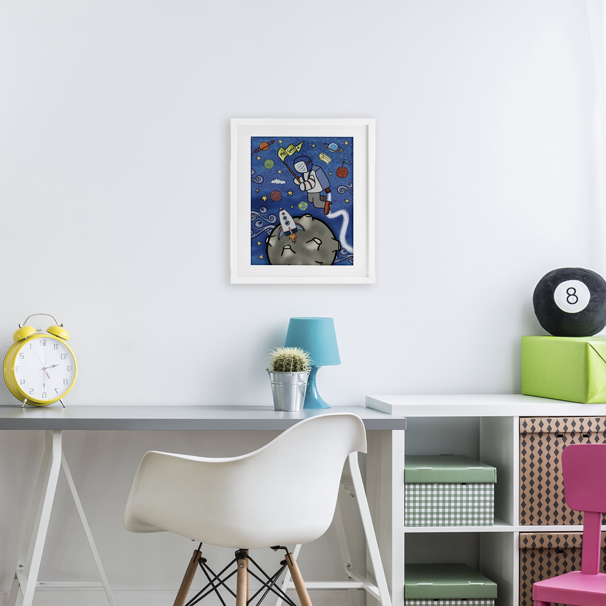 Astronaut Space Adventure White Framed Print Under Glass, design by Jennifer Stith