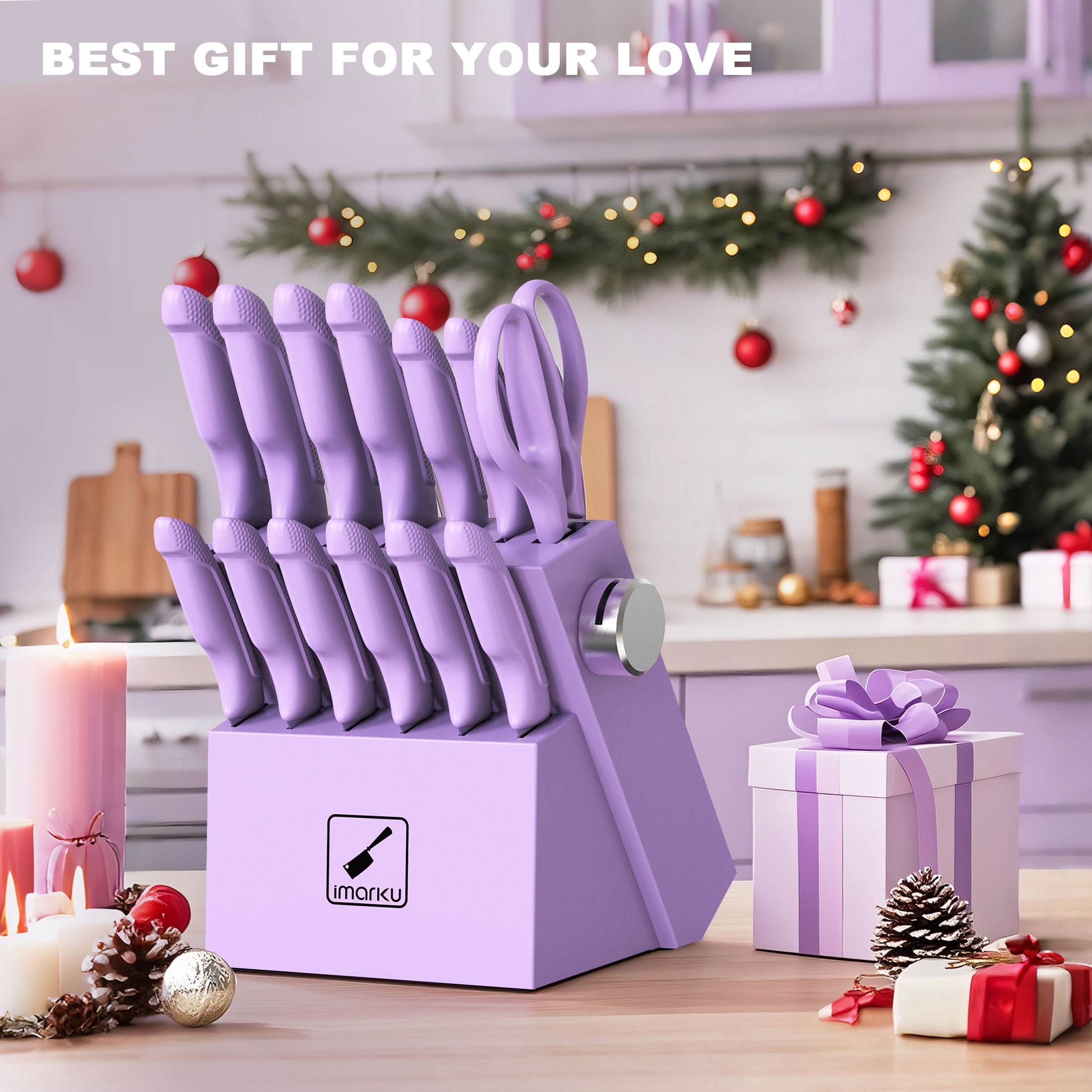imarku 14-Piece Stainless Steel Kitchen Knife Block Set with Built-in Sharpener and Non-Slip Handles,Best Holiday Gifts,Purple,Fathers Day Gifts