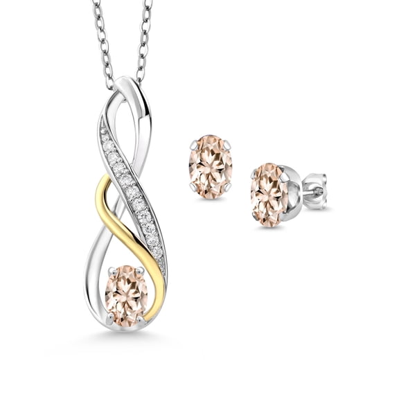 Gem Stone King 1.57 Ct Peach Morganite E-F Lab Grown Diamond 925 Silver and 10K Yellow Gold Pendant and Earrings Jewelry Set