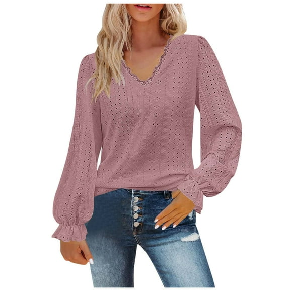 Womens Casual Trumpet Long Sleeves Tunic Tops Hollow Out Lace Trim V Neck Fall T Shirts Solid Color Loose Tee Blouses Womens Clothes