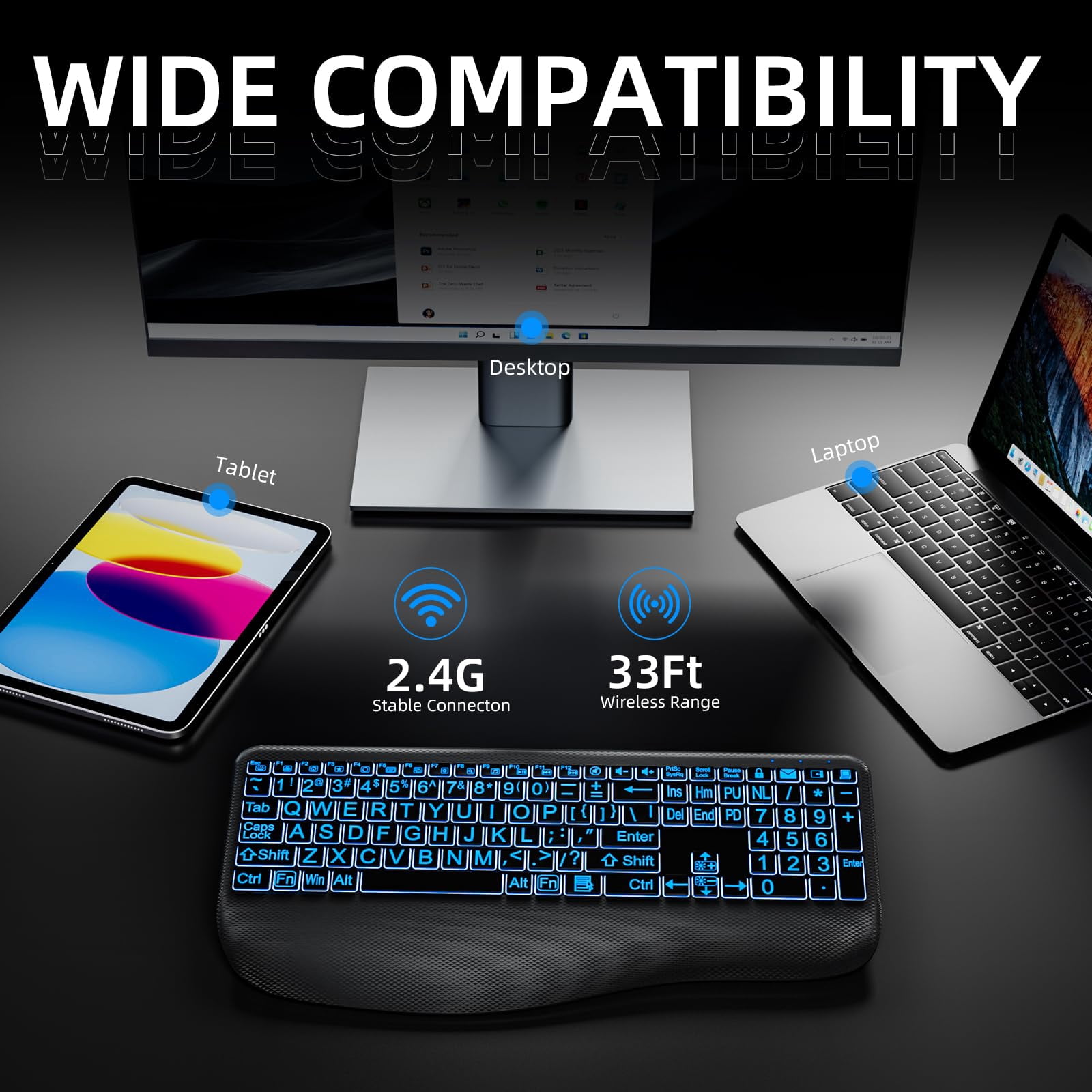 GEAK Large Print Wireless Keyboard, Full-Size Ergonomic Keyboard with Wrist Rest for Computer Keyboards, Rechargeable Silent Keyboard Gaming with 7-Color Backlit Light up Keys for Laptop Mac Windows