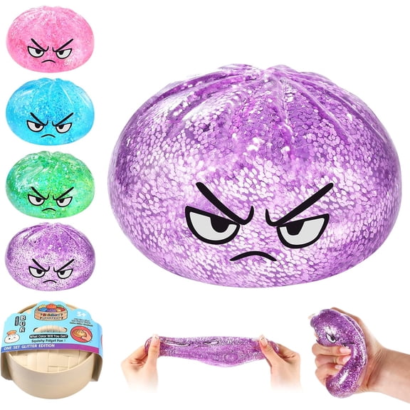 Glitter Dumpling Squishy, Glitter Dumpling Angry Bao Bun Squishy Stress Ball Fidget Toys with Authentic Steamer Basket, Soft Stretchy Sensory Squeeze Toys for Teens & Adults, Stress Relief Gift