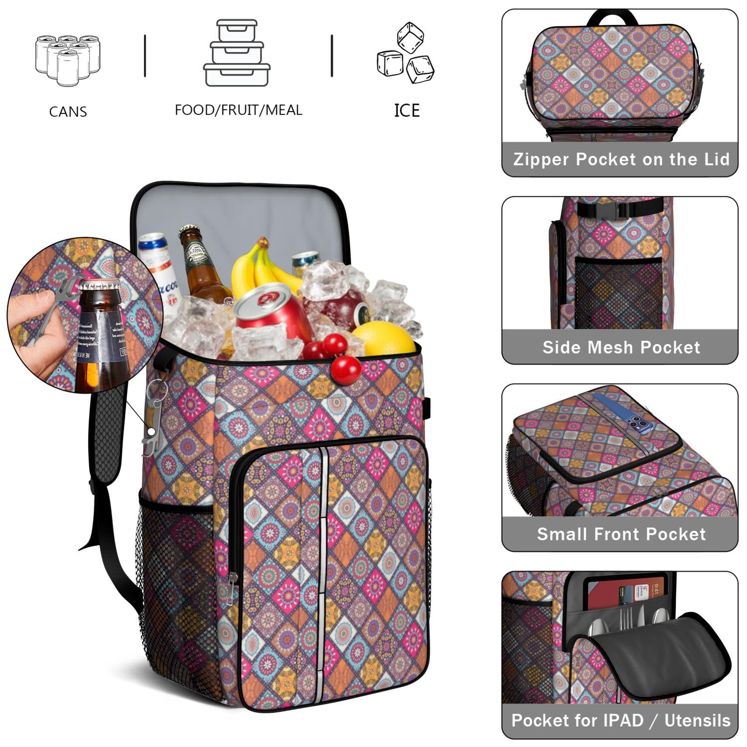 Travel Cooler Bag - Boho Bohemia Flower Camping Beer Cooler Backpack with Bottle Opener- Waterproof Insulated Picnic Backpacks - Cooler Bag for Beach