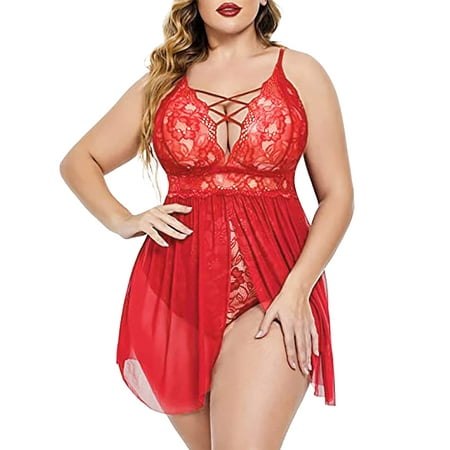 

Gubotare Lingerie Set For Women Womens Lingerie Stretchy Lace Teddy Plus Size Bodysuit Chemise Nightwear with Stockings Red XL