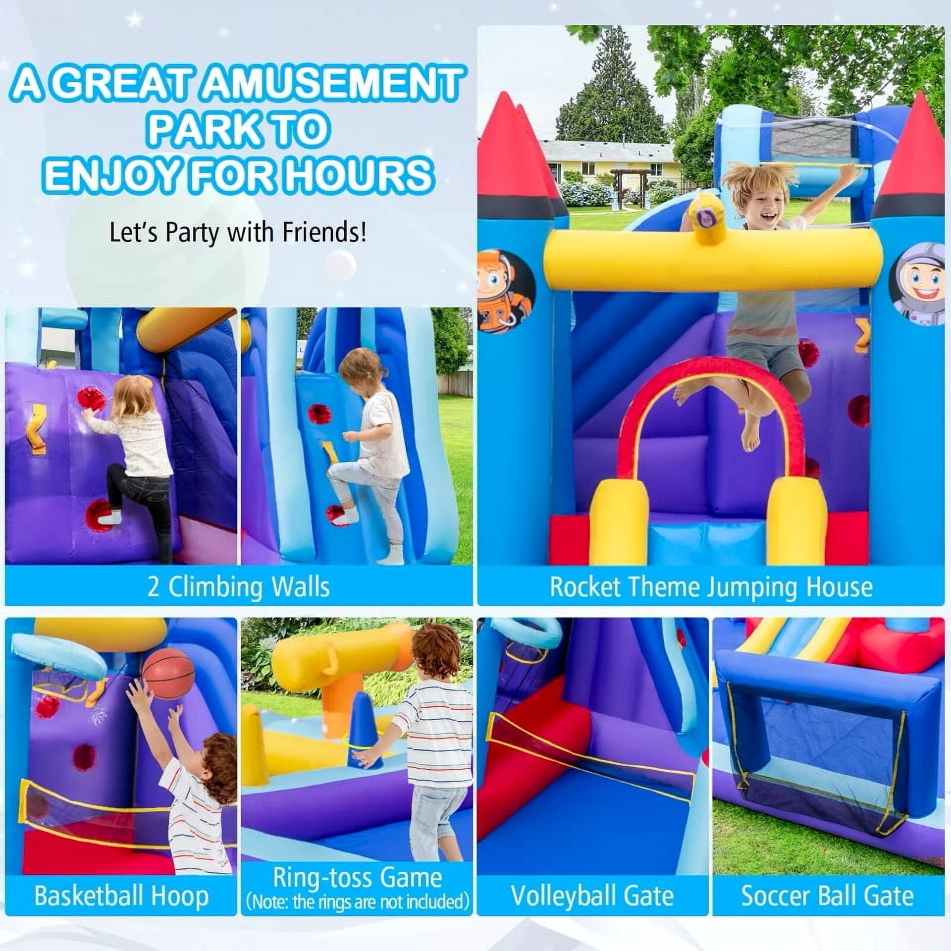 Auranook Rocket Theme Inflatable Water Slide Park w/ 950W Blower 2 Slides Splash Pool