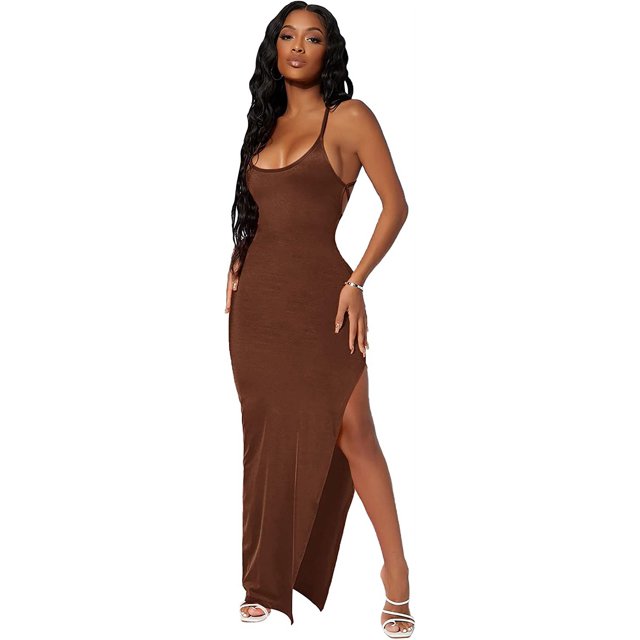 Vestido largo para mujer con abertura lateral en los muslos y espalda descubierta, sin mangas, con lazo en la espalda, con abertura cruzada Marrón Chocolate G Marrón Chocolate G Xishao ropa