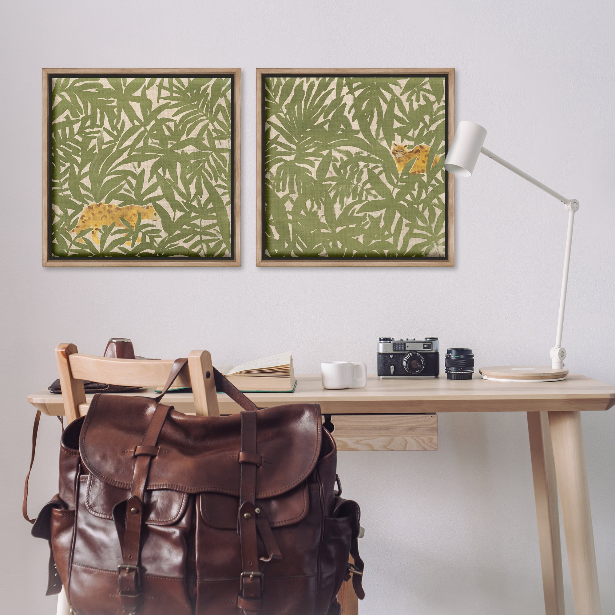 Stupell Industries Hunting Jungle Cat Plants & Flowers Painting Brown Floater Framed Canvas Art Print Wall Art, 25 x 25, Set of 2