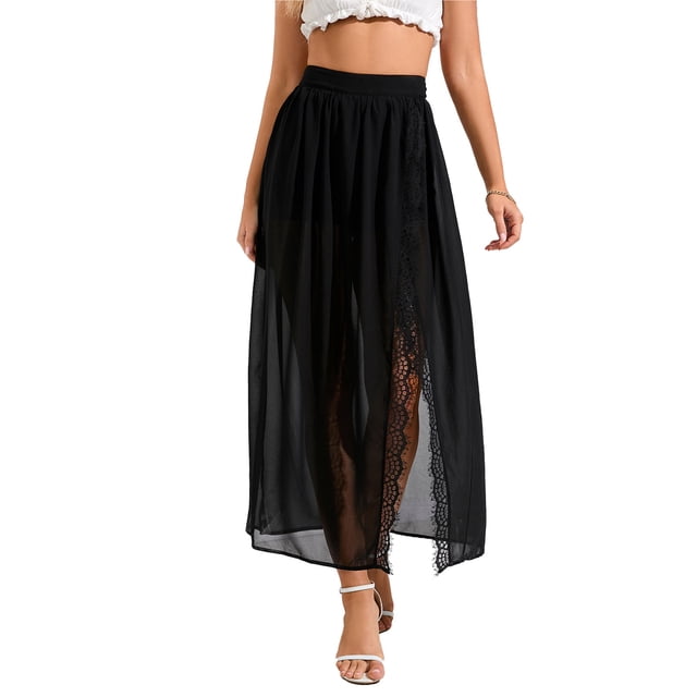 Vestido playero de verano con cintura alta, elástico, abertura en el muslo, falda larga de malla de encaje negra con pantalones cortos
