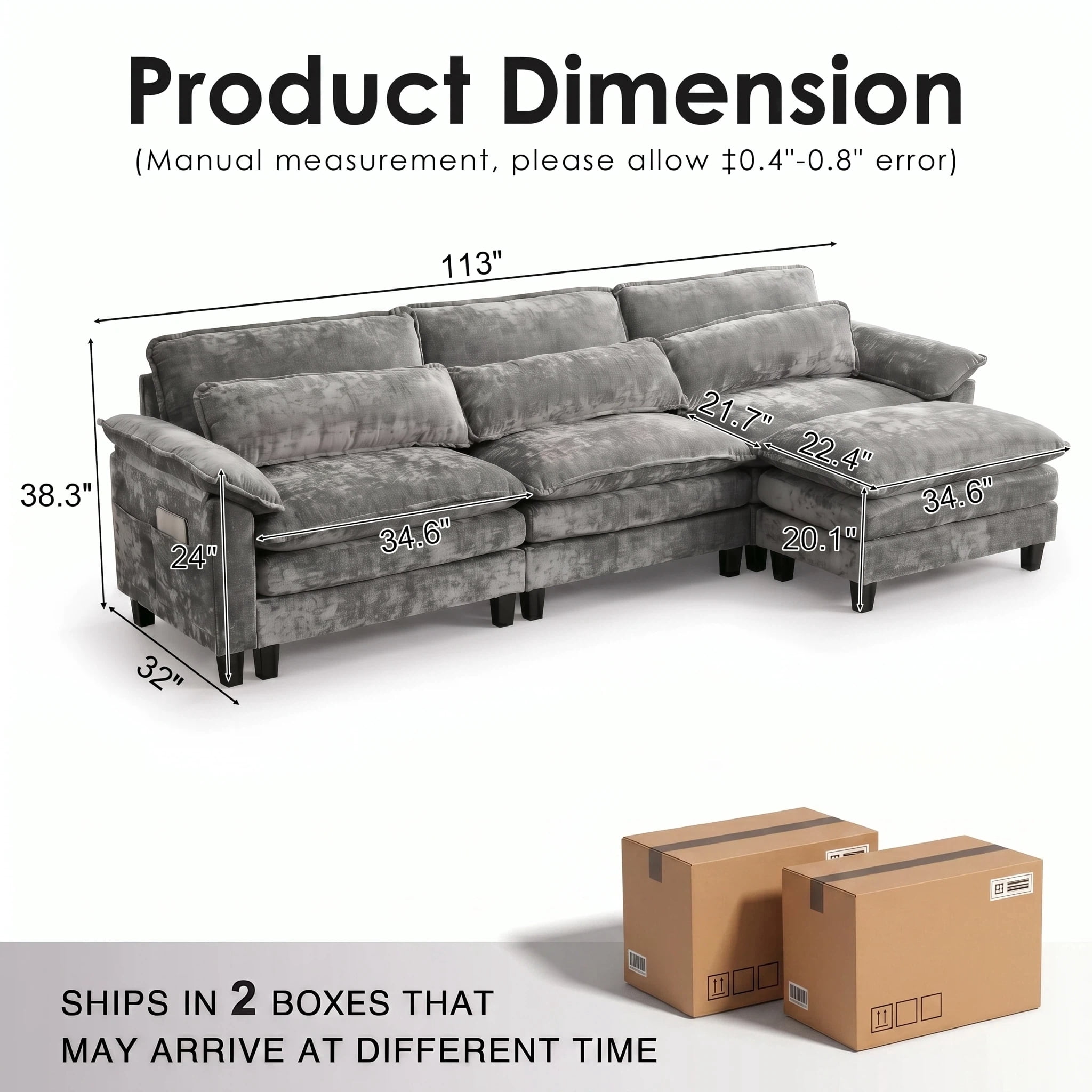 AISWORD 113" Cloud Modular Sectional Sofa, L-Shaped with Ottoman, USB Port, Chenille Deep Seat Living Room Couch, Gray