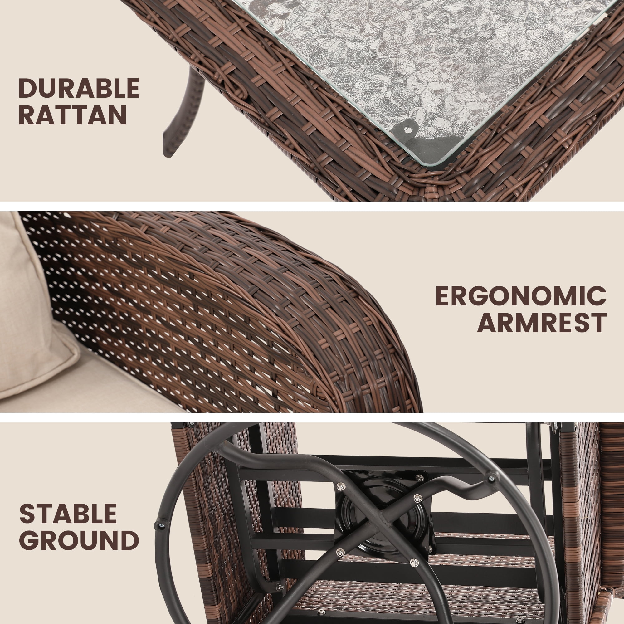 LOGYAT 3-Piece Swivel Wicker Patio Furniture Set, All-Weather Resin Rattan Chairs with Washable Cushions, Tempered Glass Top Side Table for Porch Deck Balcony, Beige Cushions