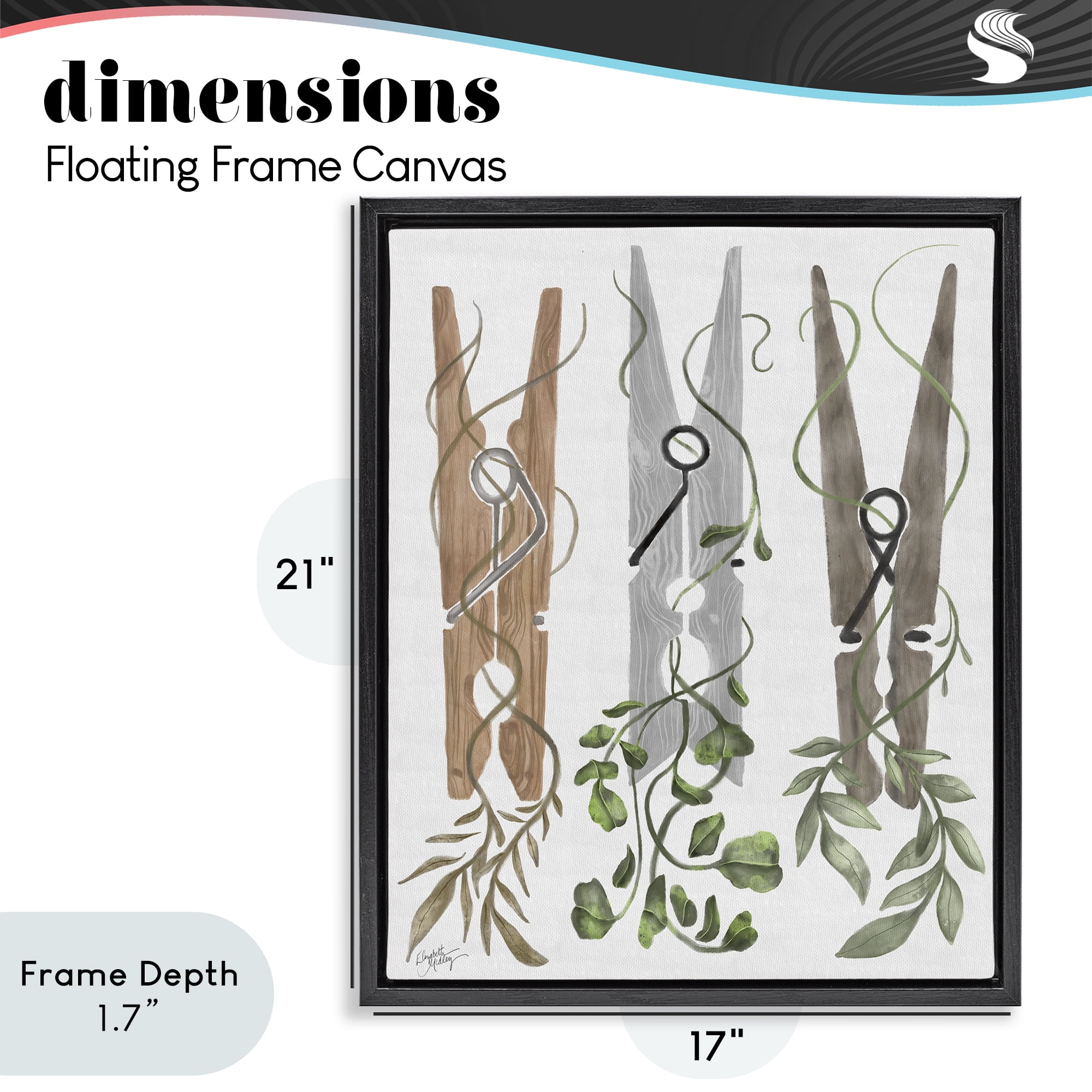 Stupell Industries Ivy Wrapped Clothespins Black Framed Floater Canvas Wall Art, design by Elizabeth Medley